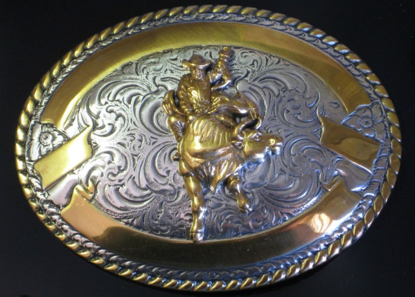 New Crumrine Belt Buckle Silver Gold Bull Rider Riding  