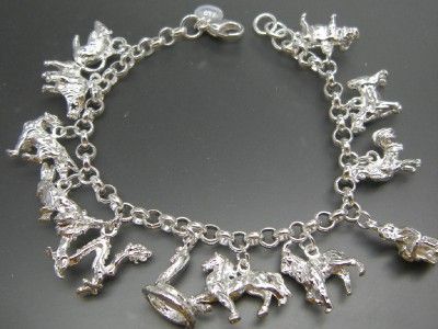 12 Animal Horse Charm Bracelet 925Sterling Silver 20cm  