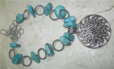 BIG SILVER PENDANT CHUNKY TURQUOISE NUGGET BEADED NECKLACE  