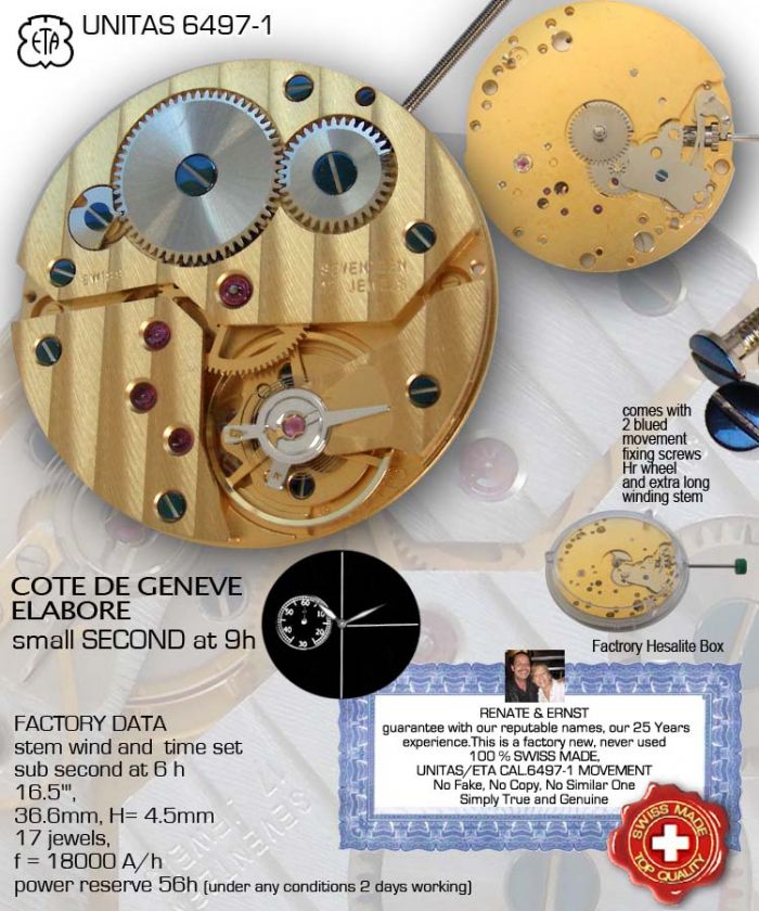 WATCH MOVEMENT UNITAS ETA 6497 1, ELABORE, CDG, GOLD PL., SMALL SEC 