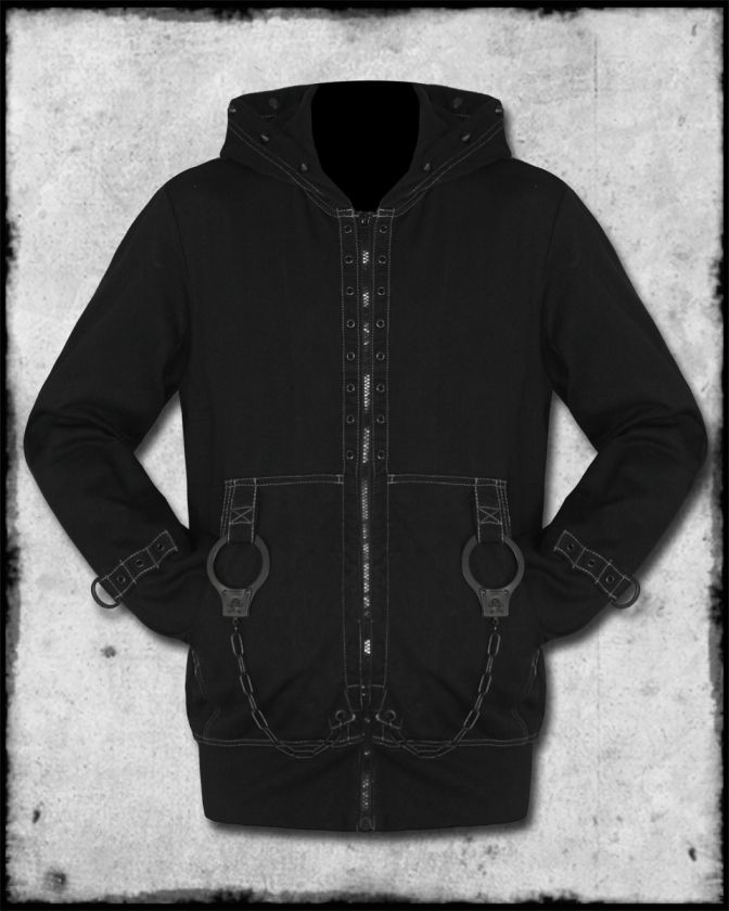   MENS BLACK GREY LOCK UP CUFF CHAIN STUDDED GOTH ZIP HOODIE HOODED TOP