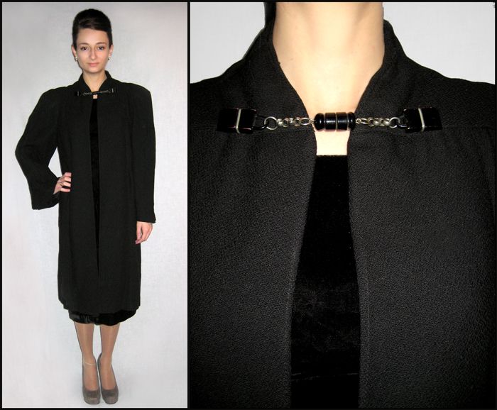 Vintage 40s black dress jacket coat. Pleated sleeves, strong shoulder 