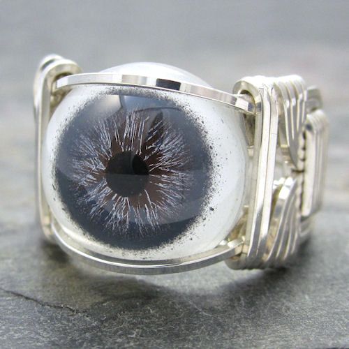 Slate Blue Glass Eye Eyeball Sterling Silver Wire Wrapped Ring ANY 