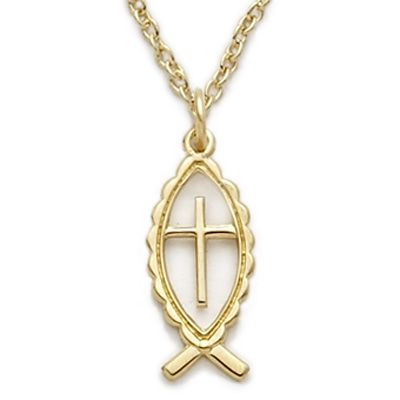 Icthus Fish Cross Medal Necklace 14K Gold Filled Jesus  